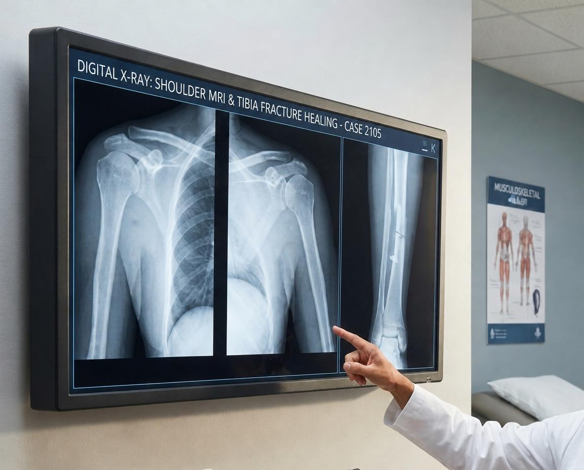 Radiografías digitales de hombro y de tibia con placa y tornillos mostradas en un monitor, mientras un médico las señala