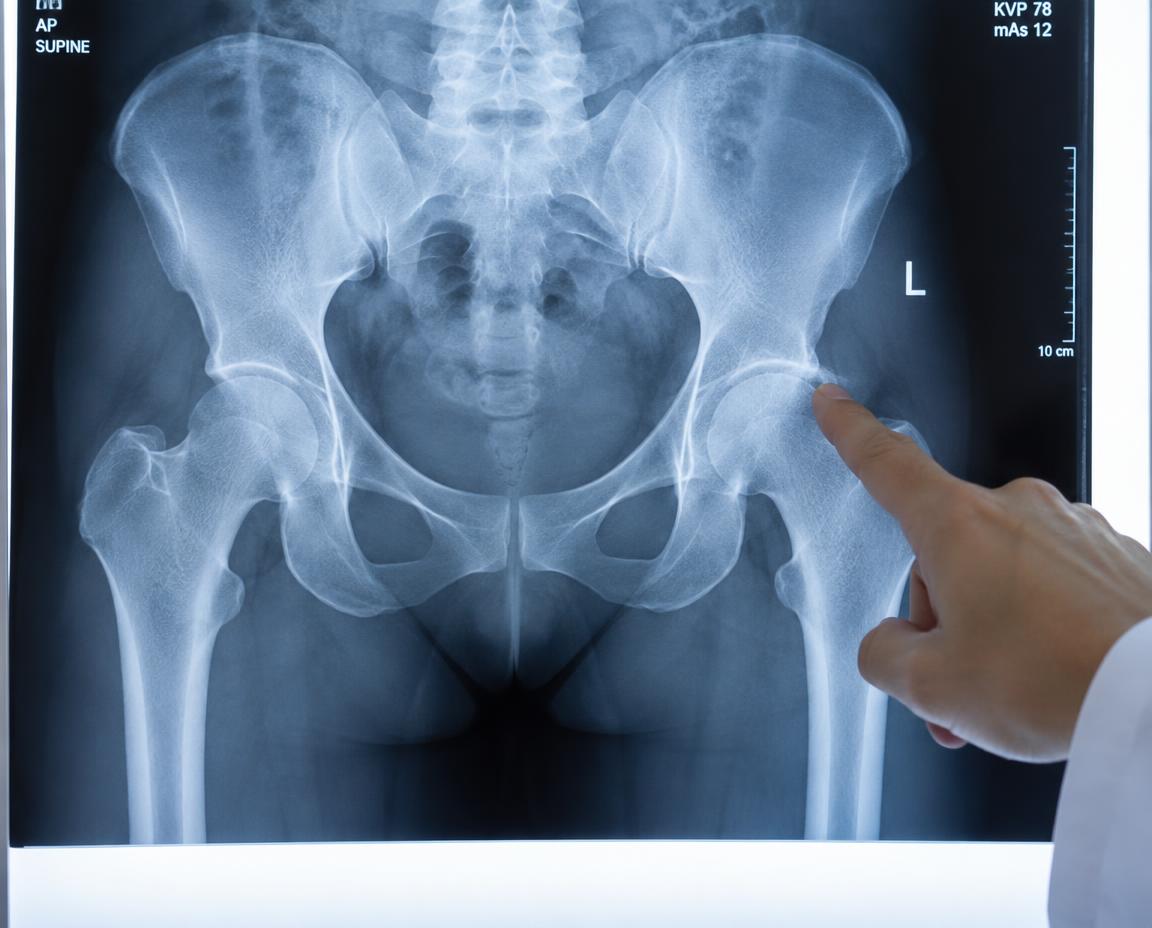 Radiografía de pelvis y caderas con un médico señalando la articulación