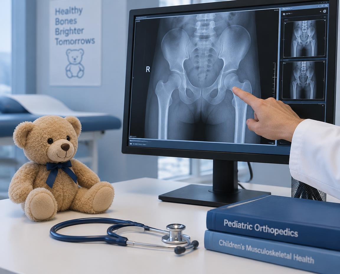 Radiografía de cadera infantil en un monitor junto a un peluche y un estetoscopio