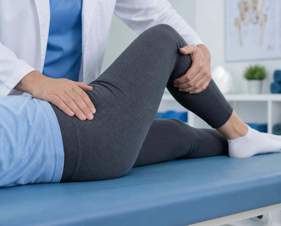 Manos de un médico evaluando la movilidad de la cadera de un paciente